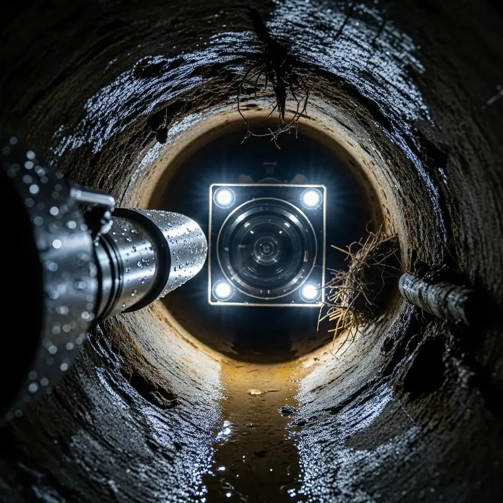 Close-up of CCTV camera footage revealing blockages and cracks in a drainage pipe