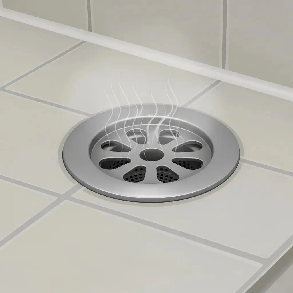 Close-up of a drain with visible foul odor indicating blockage