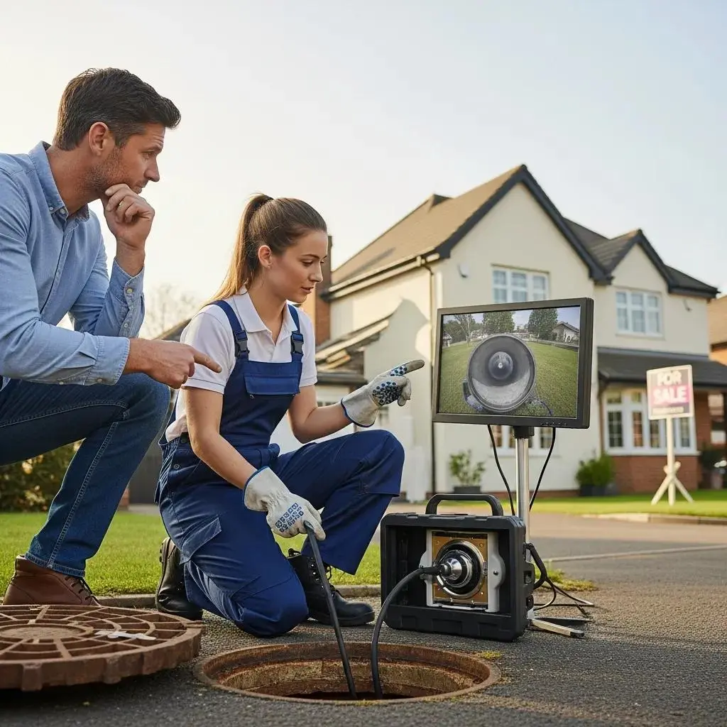 Homebuyer and technician inspecting drainage system with CCTV technology