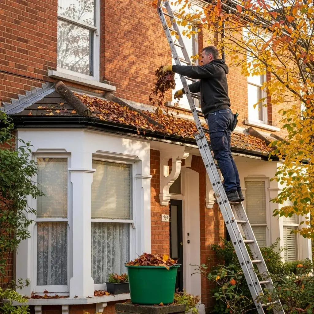 London home with autumn leaves and a person cleaning gutters