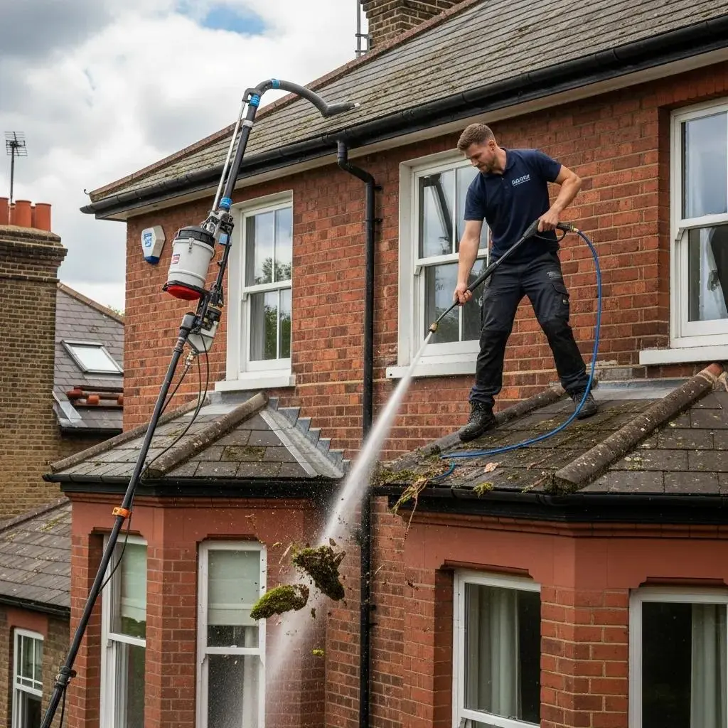 Professional gutter cleaning service with technician and tools