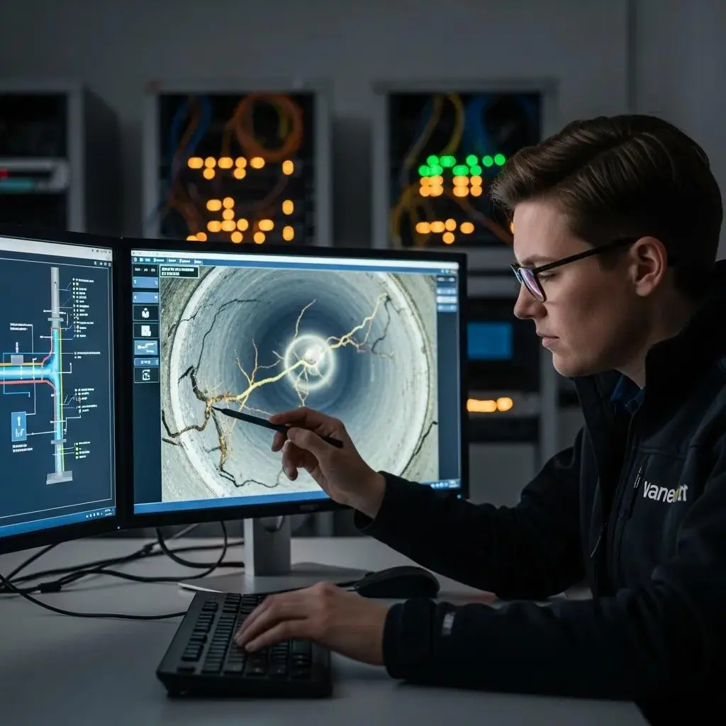 Technician analyzing CCTV footage of drainage system for accurate diagnosis