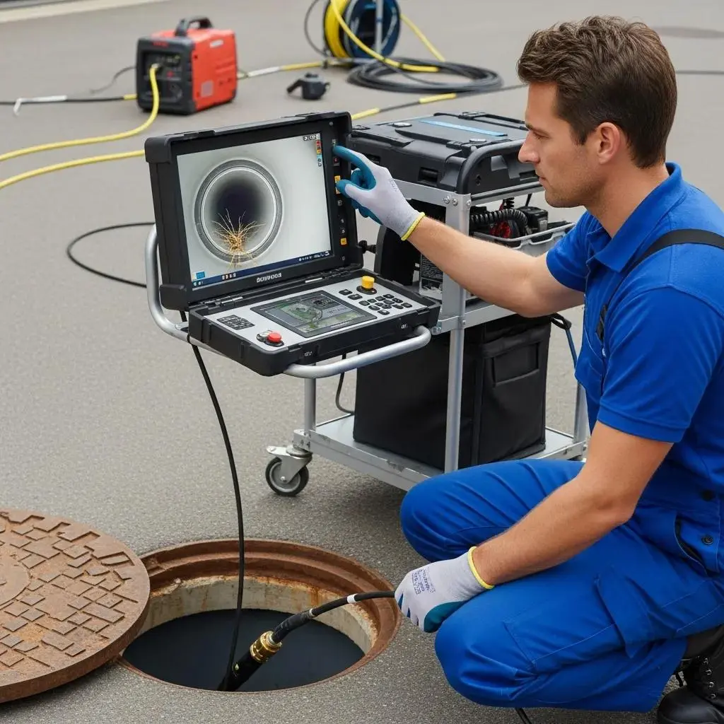 Technician using CCTV camera for drain inspection with monitor display