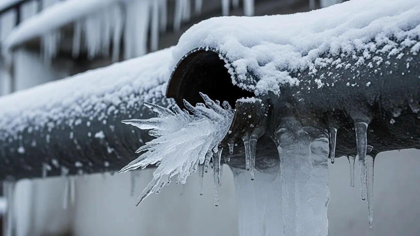Close-up of a frozen pipe with frost, illustrating risks of frozen drains