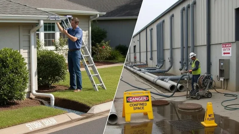 Comparison of residential and commercial drainage systems, emphasizing safety regulations and compliance