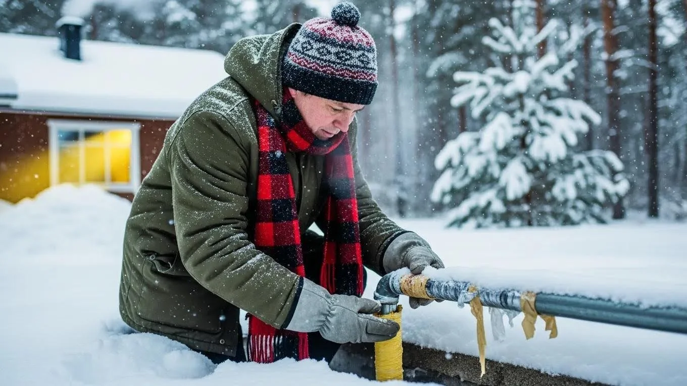 Homeowner inspecting outdoor plumbing in winter, emphasizing drain protection