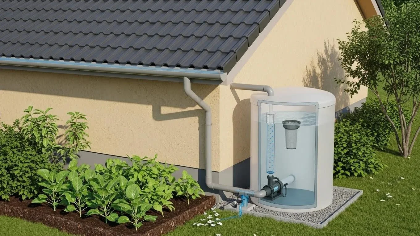 Residential rainwater harvesting system with gutters and storage tank in a green environment