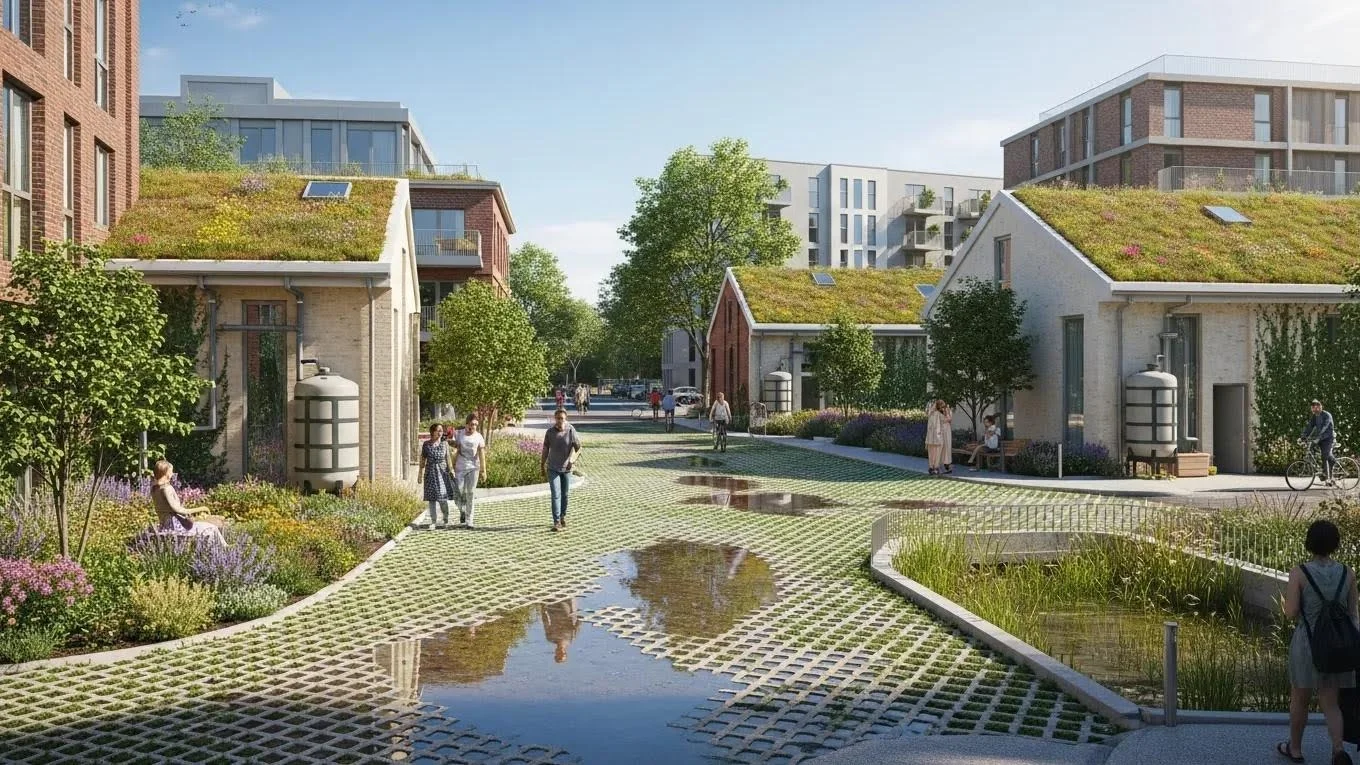 Sustainable urban drainage solutions in London with green roofs and permeable pavements