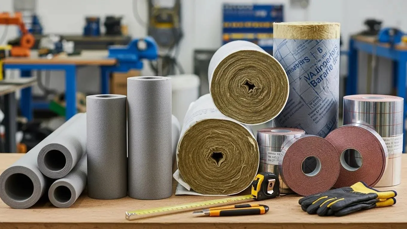 Various pipe insulation materials displayed on a workbench for winter protection