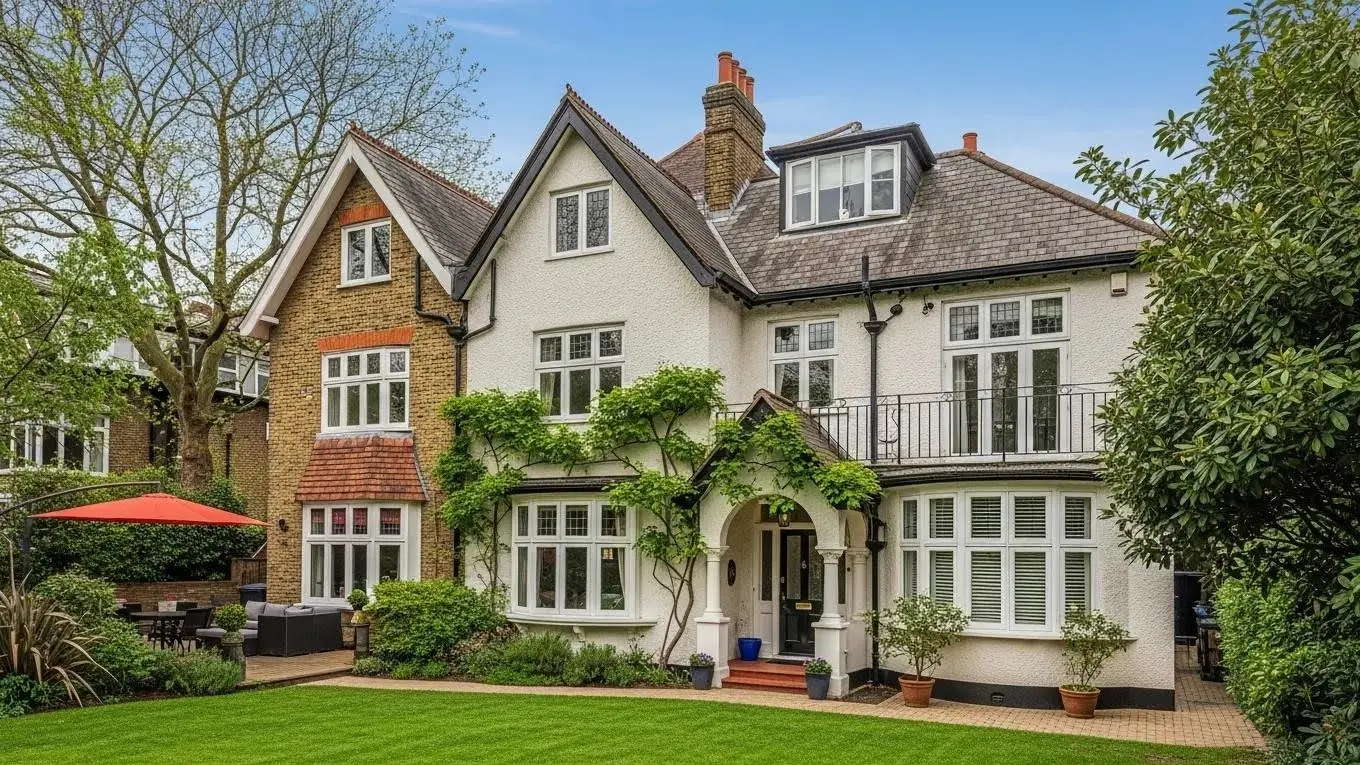 Historic London home with visible drainage systems surrounded by greenery